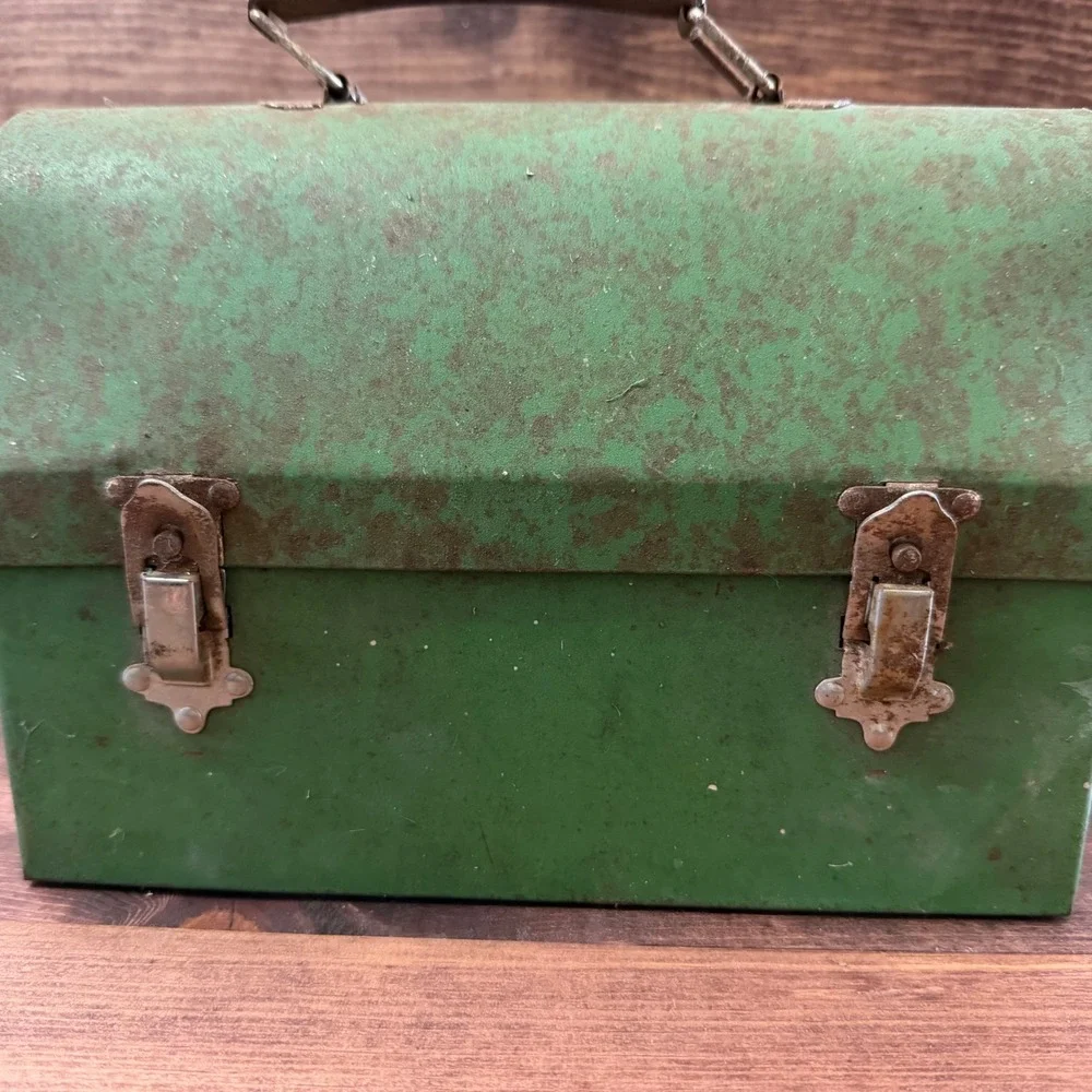 Vintage Antique Green Metal Dome Top Lunch Box Pail Star Embossed Patented 1920s
